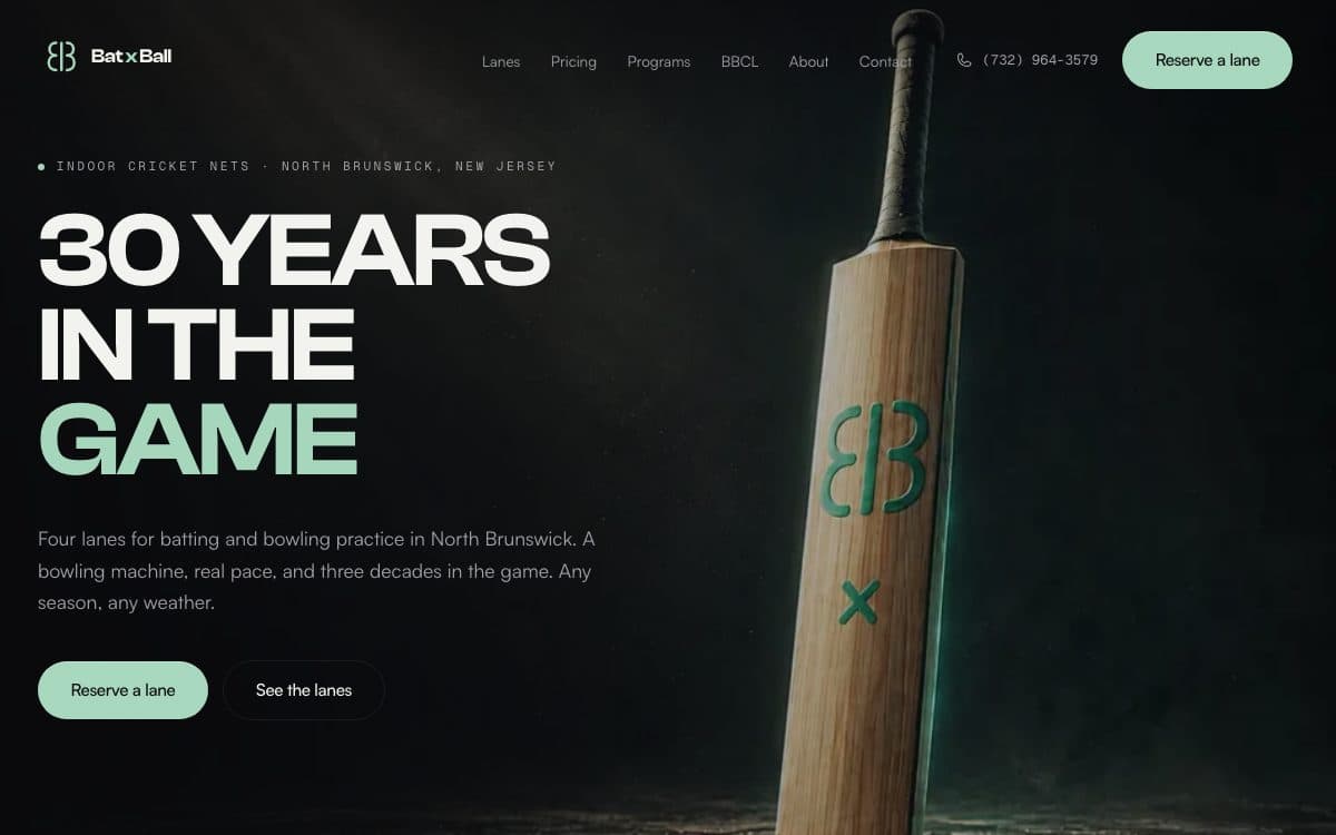 Bat x Ball homepage with a cricket bat hero and a lane-reservation call to action
