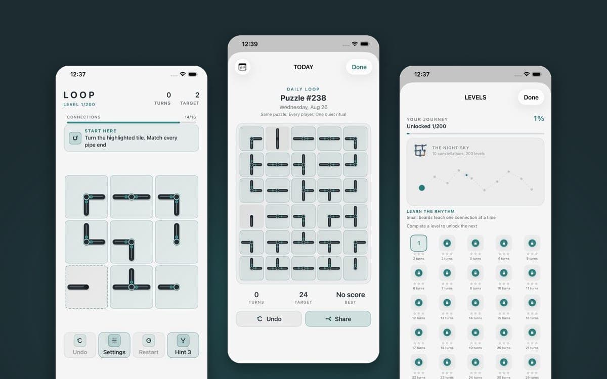 Loop: Connections on iPhone, a tile board mid-solve beside the constellation of levels and the daily puzzle