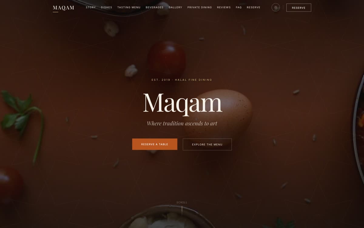 Maqam fine dining restaurant homepage with video hero and reservation call to action
