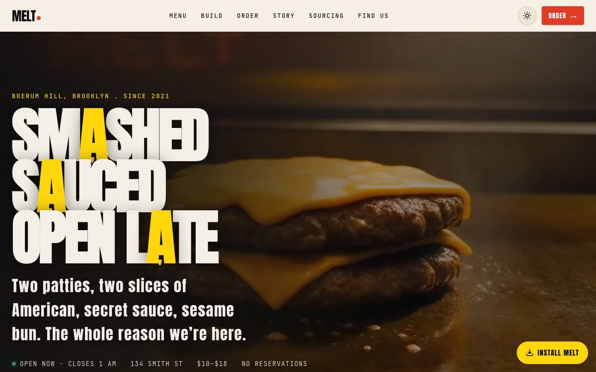 MELT smashburger restaurant homepage with a video hero and late-night hours