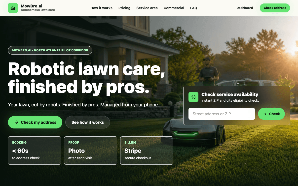 MowBro.ai homepage with the autonomous lawn care hero and an address check field