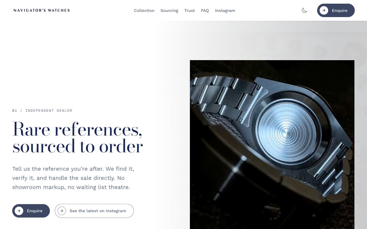 Navigator's Watches homepage with a 'Rare references, sourced to order' hero beside a close-up of a steel dive watch