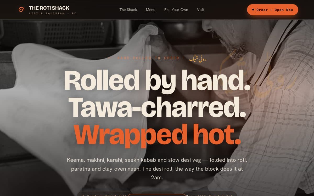 The Roti Shack homepage with a hero photo of roti on the tawa and a build-your-own-roll order flow