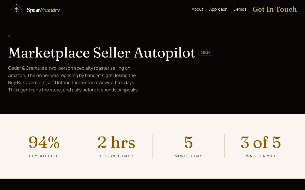 Seller Autopilot control center: live metrics, an activity feed of agent actions, and approve controls