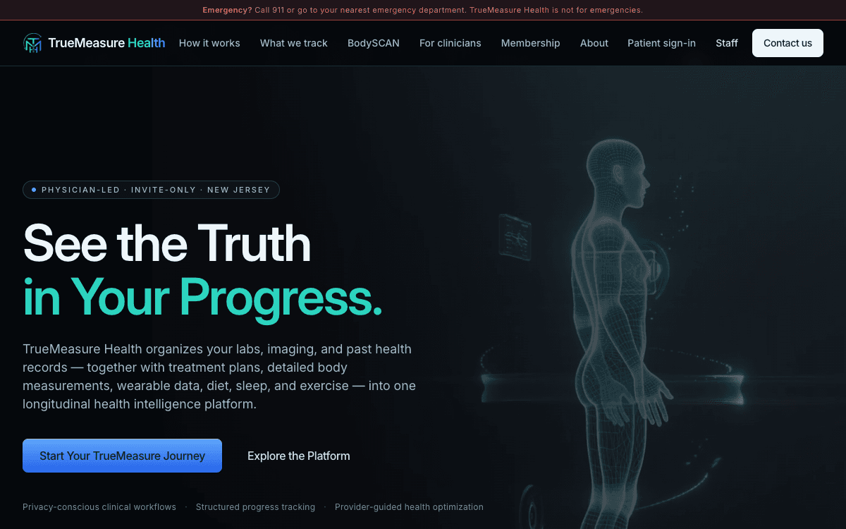 TrueMeasure Health homepage with the longitudinal health intelligence platform hero