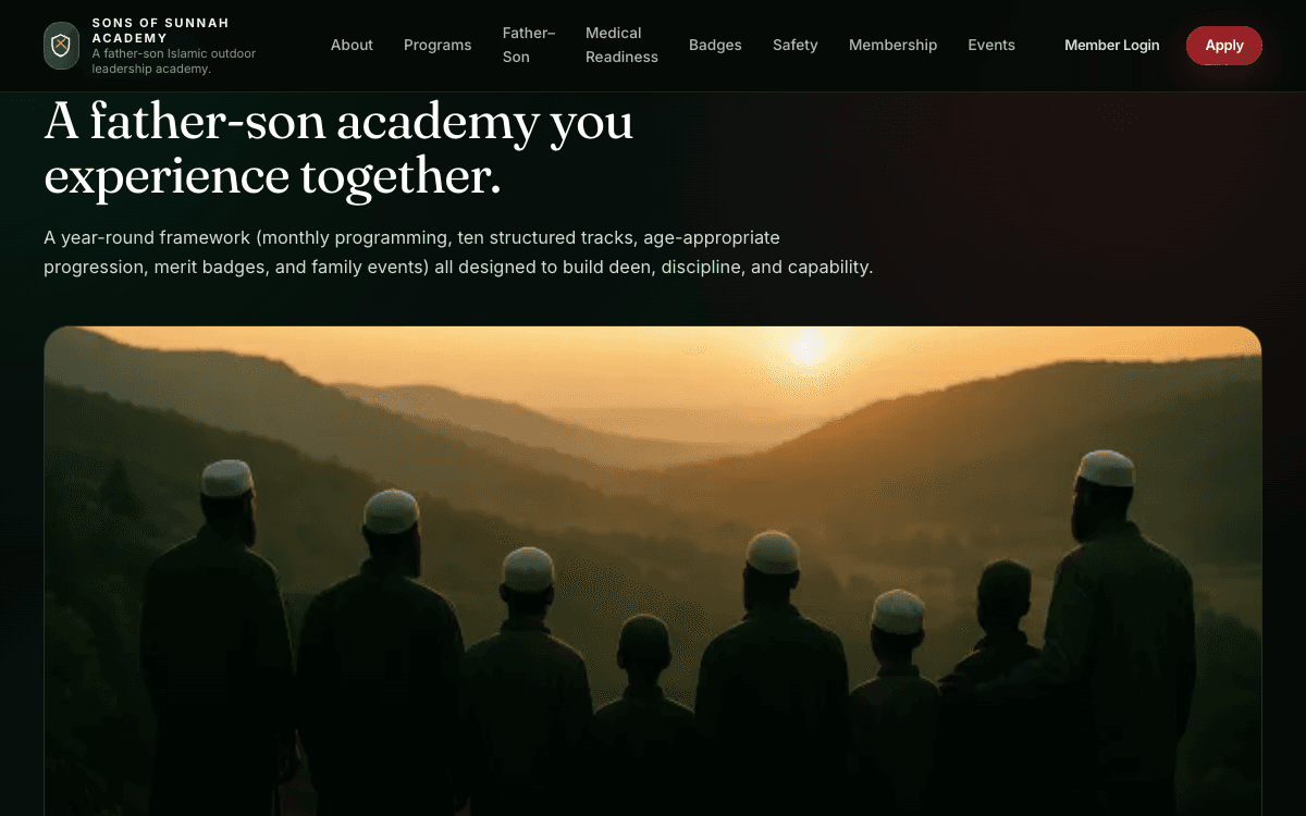 Sons of Sunnah Academy homepage with the father-son outdoor leadership hero